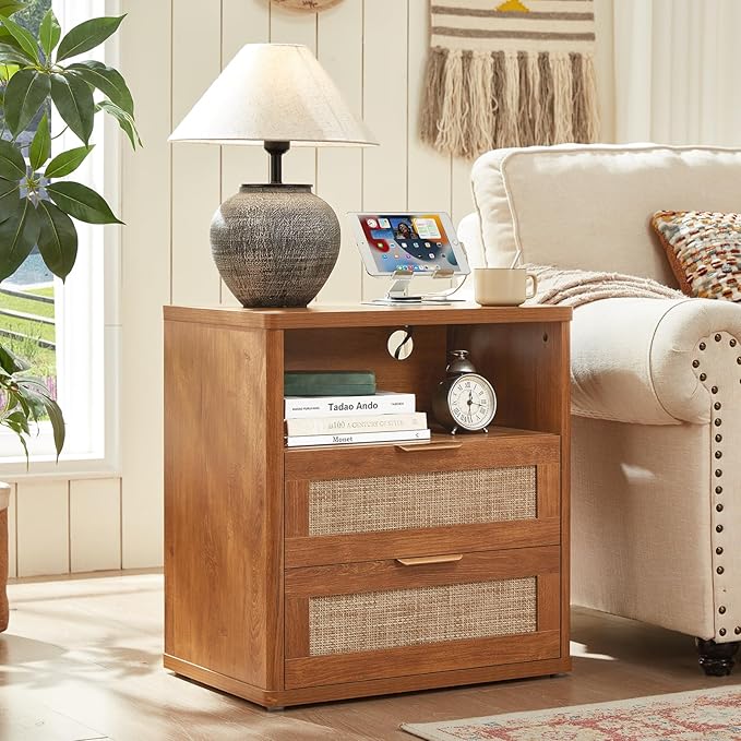 LEYAOYAO Boho Rattan Coffee Table and End Table Sets, 48" Wide Center Tables & 23" Night Stand with Charging Station Chest of Drawers, Brown Wood Coffee Table for Living Room 2 Piece Set-Ruum Studio Home