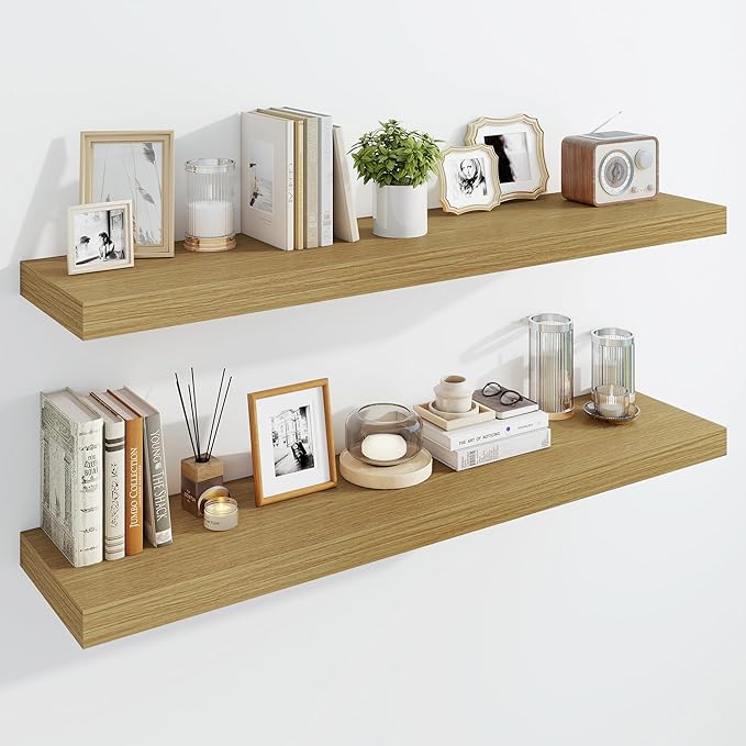 Marsmiles 48" Floating Shelves for Wall, Wooden Shelves with Invisible Brackets Set of 2, Rustic Farmhouse Wall Mounted Shelf for Kitchen Bathroom Living Room Study, Natural Oak-Ruum Studio Home