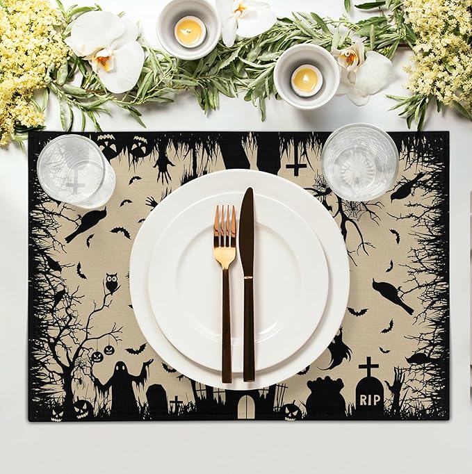 Halloween Placemats 12x18 Inch Set of 4 Black White Witch Castle Ghost Place Mats Spooky Haunted House Bats Tree Crow Table Mat for Party Kitchen Dining Outdoor Indoor Decor-Ruum Studio Home