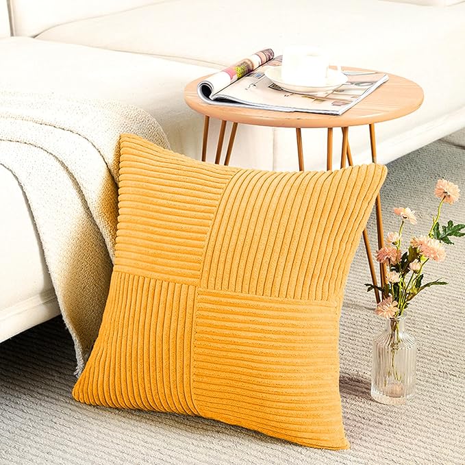 Fancy Homi 2 Packs Gold Yellow Big Decorative Throw Pillow Covers 24x24 Inch for Couch Bed Sofa, Rustic Farmhouse Boho Home Decor, Soft Corss Corduroy Patchwork Accent Square Cushion Case 60x60 cm-Ruum Studio Home