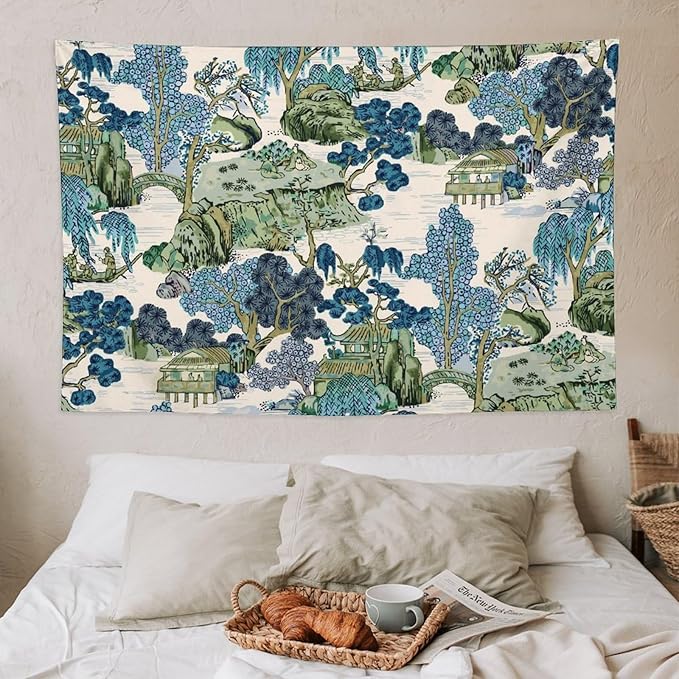 Chinoiserie Tapestry,Asian Watercolor Abstract Art Tapestry,Asian Japanese Wall Tapestry, Nature Landscape Tapestries for Bedroom Living Room Decor 60"x40"-Ruum Studio Home