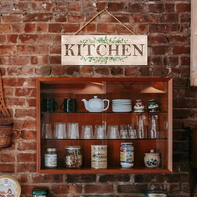 Kitchen Sign Wall Decor, Kitchen Wall Art with Plant Print, Rustic Farmhouse Wall Hanging Plaque Home Kitchen Decorative Kitchen, 4.7 x 13.7 inches-Ruum Studio Home