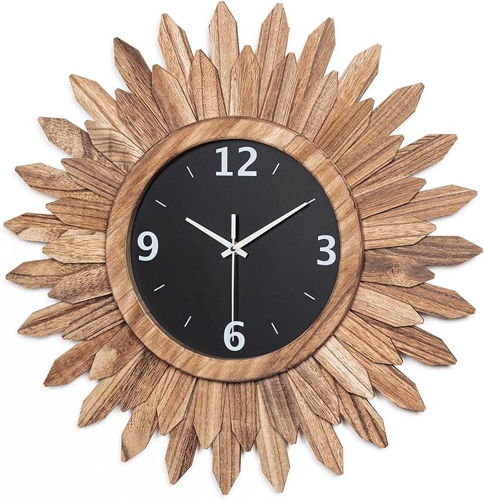Honiway Large Wall Clock Battery Operated 21 in Rustic Wood Boho Sunburst Decorative Wall Clock Silent Non Ticking Farmhouse Wall Clocks for Living Room Bedroom Kitchen Bathroom Decor (Rustic Brown)-Ruum Studio Home