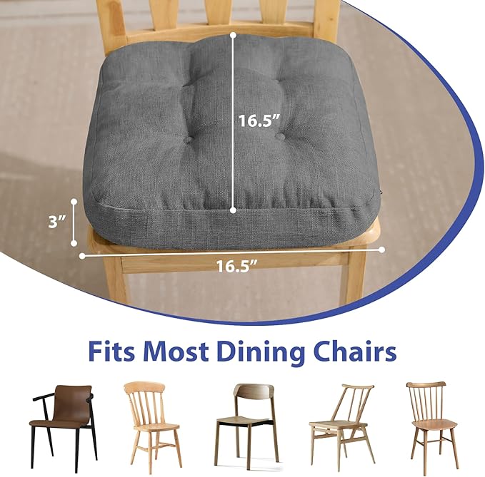 Chair Cushions for Dining Chairs, Dining Chair Cushions, Tufted Indoor Chair Pads with Ties & Non Slip Backing, Seat Cushions for Kitchen Chairs 16.5” x 16.5” x 3.5”, Set of 6, Grey-Ruum Studio Home