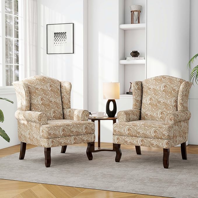 Accent Chair, High Back Upholstered Armchair with High Resilience Sponge & Wood Legs, Mid-Century Modern Comfy Single Sofa Reading Chairs for Living Room, Bedroom (Floral Sand, Set of 2)-Ruum Studio Home