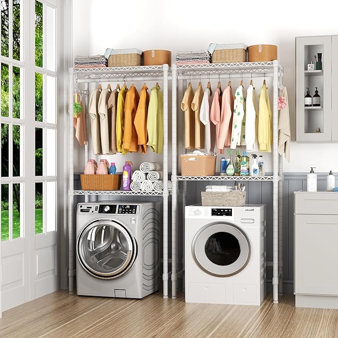 Over Washer and Dryer Shelves,2 Tier Adjustable Height Wire Shelving Laundry Room Storage Organization Clothes Drying Rack with Hanger Rod&Hooks,Space Saving Organizers Shelf,White-Ruum Studio Home