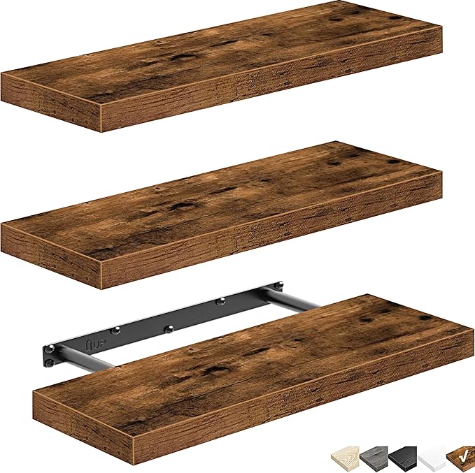 QEEIG Floating Shelves for Wall Bathroom Shelf Bedroom Kitchen Living Room Hanging Book Shelves Small Farmhouse Decor 16 inch Set of 3, Rustic Brown (015-BN3)-Ruum Studio Home