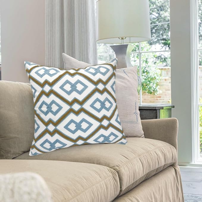 Alysheer Embroidered Decorative Throw Pillow Cover 18"x 18" Set of 2, Classic Boho Geometric Embroidery Pattern Cotton Rectangular Cushion Case for Sofa Couch Living Room Bedroom (Blue Khaki)-Ruum Studio Home