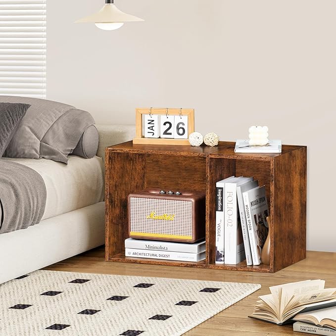 LEYAOYAO 2 Cube Bookshelf,Brown Record Player Stand Holds up to 100 Albums, Mini Wood Book Shelf Storage Organizer,Turntable Stand with Vinyl Storage Cabinet, Narrow Open Bookcase for Small Spaces-Ruum Studio Home