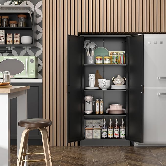Kitchen Cabinet Storage,60”Metal Pantry Cabinet with Doors and 3 Adjustable Shelves,Food Pantry Cabinets with 2 Gold Handles,Black Tall Storage Cabinet for Livingroom,Pantry,Bathroom,Kitchen-Ruum Studio Home