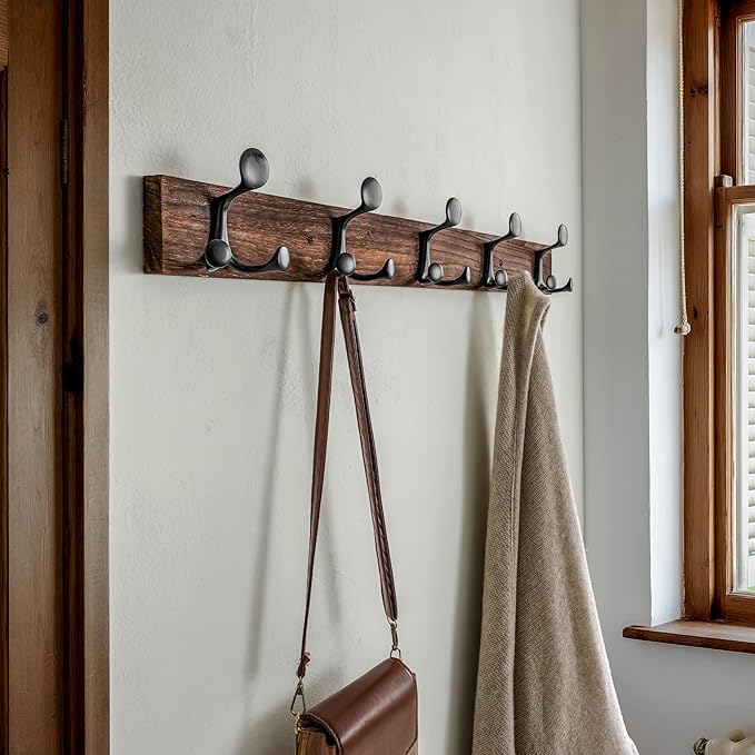 SKOLOO 30-Inch Wood Burnt Coat Rack Wall Mount with 5 Triple Hooks - Ideal for Family Entrances, Classrooms, and Pet Supplies Storage - Perfect Coat Hooks for Wall-Ruum Studio Home