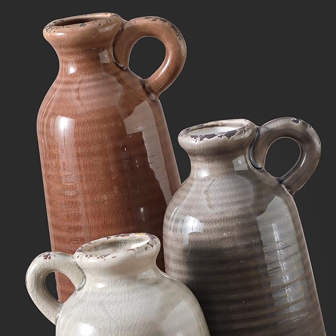 Ceramic Vases Set of 3, Neutral Rustic Farmhouse Vase with Handle, Decorative Flower Vases Home Decor Modern Boho Pampass Vase for Table Mantel Entryway Shelf Living Room Kitchen Bathroom - Brown-Ruum Studio Home