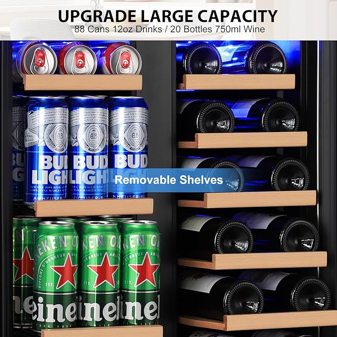 24 Inch Dual Zone Wine and Beverage Refrigerator, Built-in or Freestanding Cooler with French Doors, Drink Fridge with Upgraded Compressor for Beer, Wine, and Soda-Ruum Studio Home