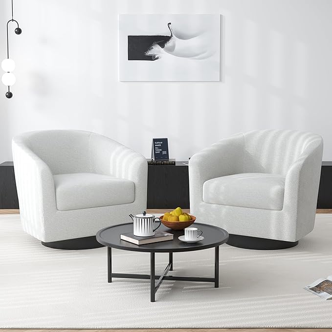 Swivel Barrel Accent Chair, Modern Round Chenille Fabric Arm Chair for Living Room, Bedroom, Comfy Club Reading Chairs for Adults（Chenille Fabric, Beige, Set of 2-Ruum Studio Home