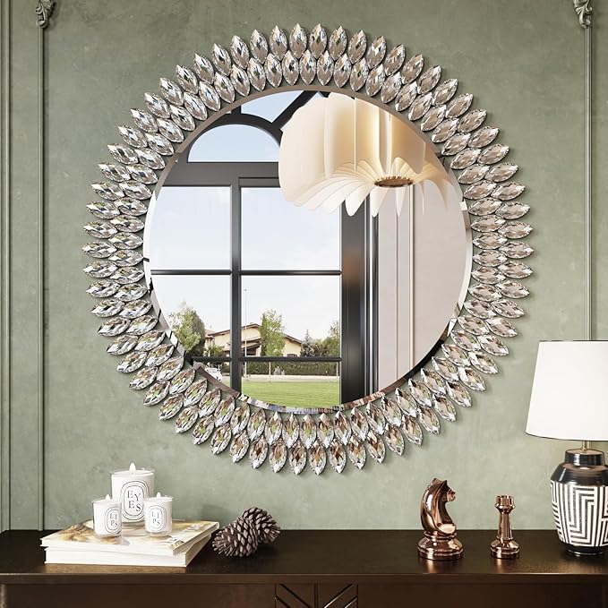 Kelly Miller Round Jeweled Mirror for Wall Decor, 32 in Modern Decorative Wall Mirror with Luxury Diamonds Beveled Vanity Mirror for Bedroom, Living Room, Bathroom, Hallway, Entryway, Fireplace-Ruum Studio Home
