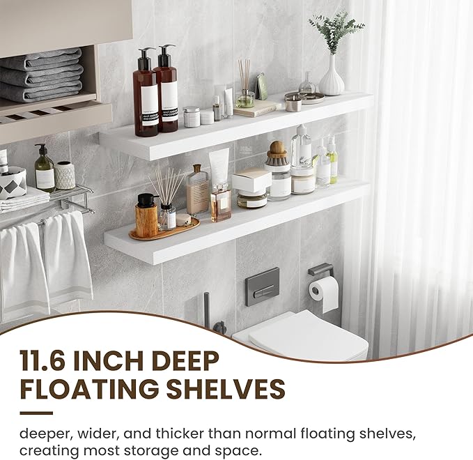 48 Inch Floating Shelves, 12 Inch Deep Floating Shelves for Wall, Floating Shelf with Invisible Brackets, Deep Wall Shelves for Bathroom, Bedroom, Living Room, 1 Pack, White-Ruum Studio Home