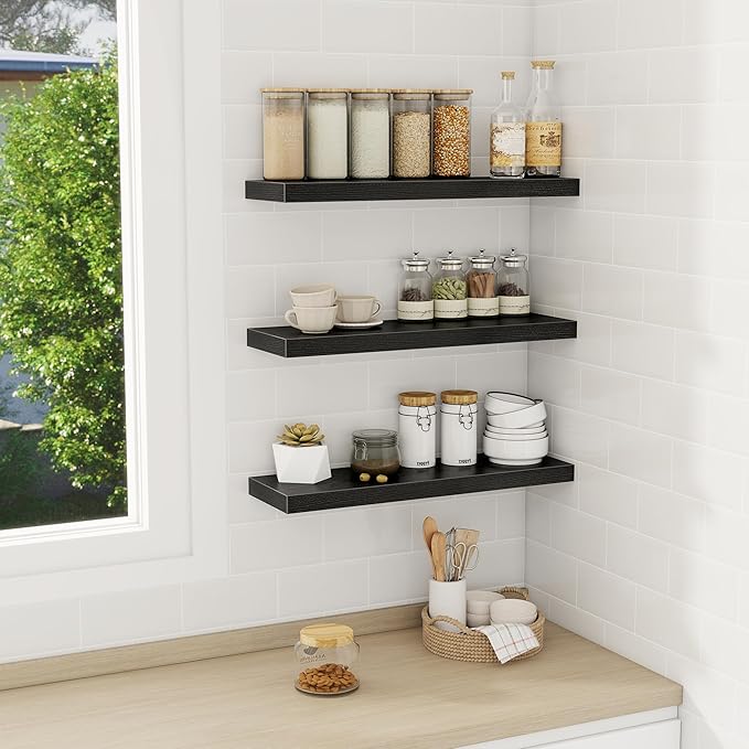 Fun Memories Black Floating Shelves Wall Shelf 24 Inch Long, Rustic Bathroom Shelves, Wall Mounted Wood Floating Shelf for Kitchen, Living Room, Bedroom, 24 x 6.7 x 1.4 inch Set of 3-Ruum Studio Home