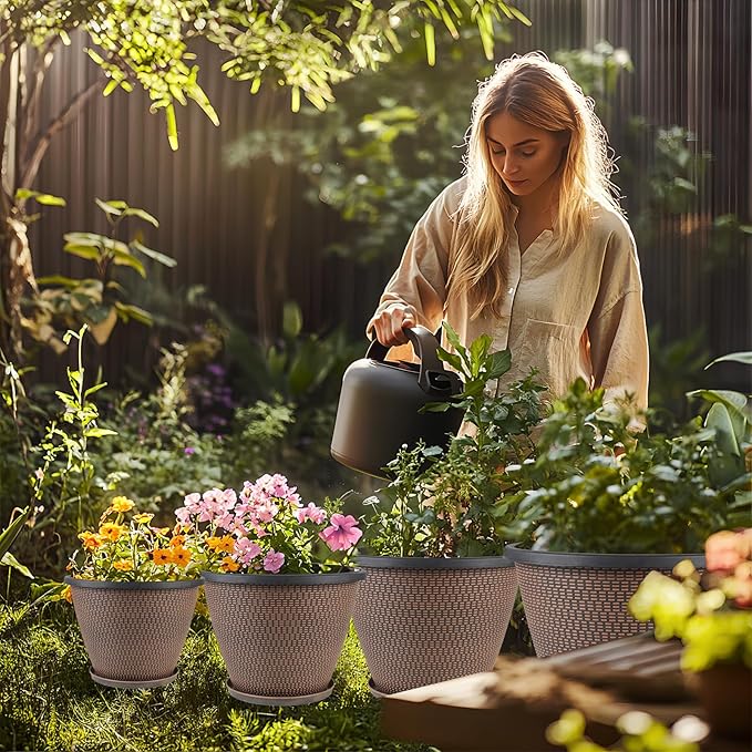 16 inch Plant Pots, Large Planters for Outdoor Plants Set of 4, Round Plastic Flower Pots with Drainage Holes & Trays, Modern Decorative Indoor Garden Pot, Plant Container for House (Black Copper)-Ruum Studio Home
