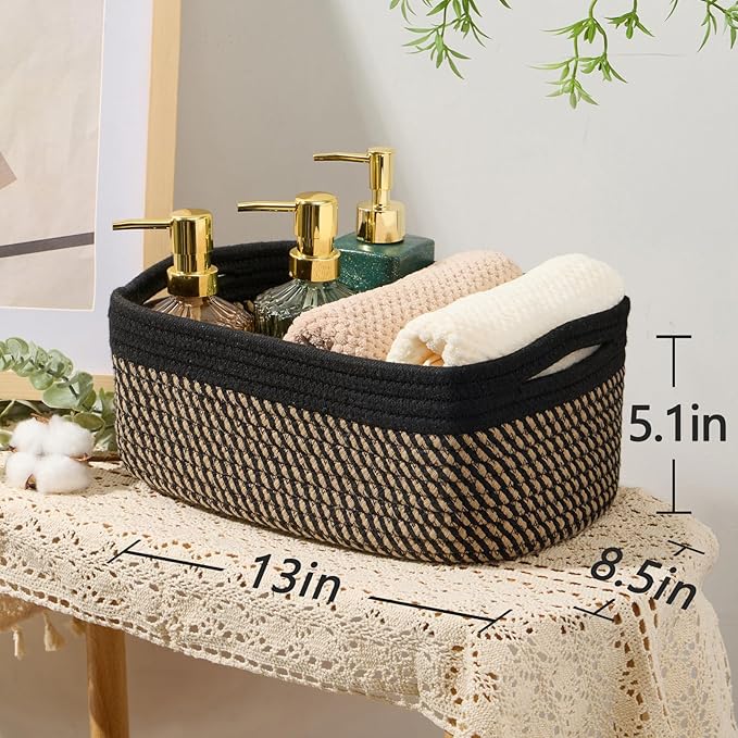 Small Storage Baskets for Organizing | Closet Organizer Bins | Shelf Toy Basket | Woven Rope Baskets | Cube Decorative Box | Shallow Basket | 13x8.5x5.1” | 3 Packs Black Brown-Ruum Studio Home