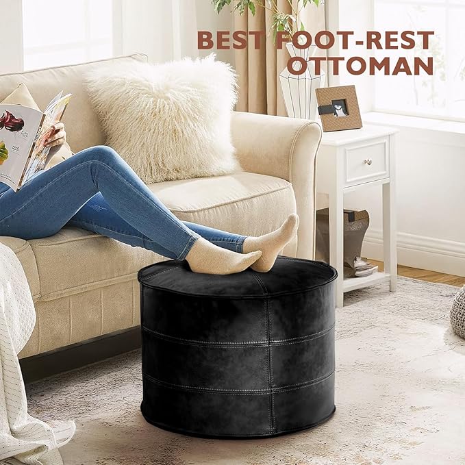 Round Leather Ottoman,Handmade Stuffed Ottoman,Genuine Leather Pouf, Foot Rest Pouf,Comfortable Soft Seating for Living Room & Bedroom (Black, Round)-Ruum Studio Home