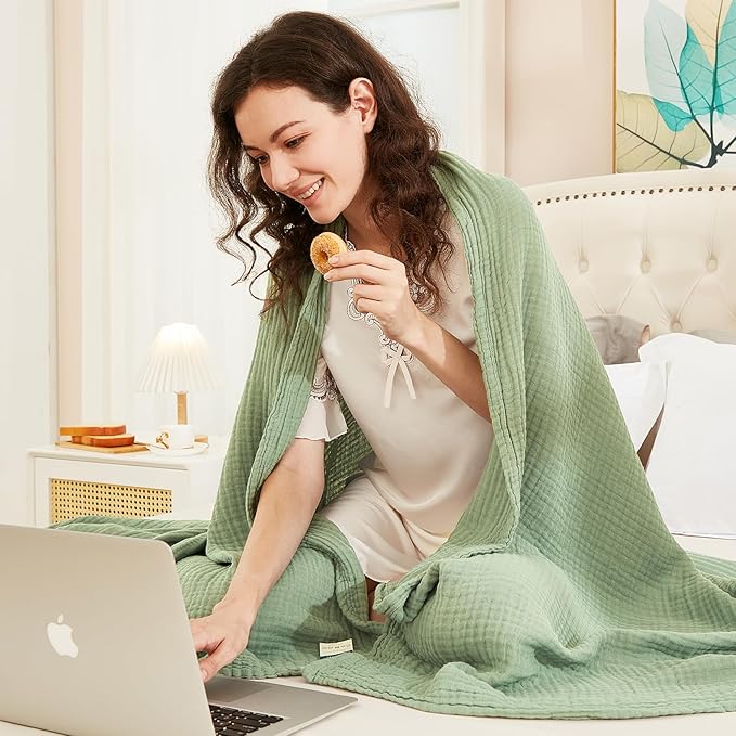 EMME Cotton Throw Blanket for Couch Soft Airy Muslin Bed Blankets Lightweight Breathable Blanket All Season Gauze Blanket, Sage Green-Ruum Studio Home