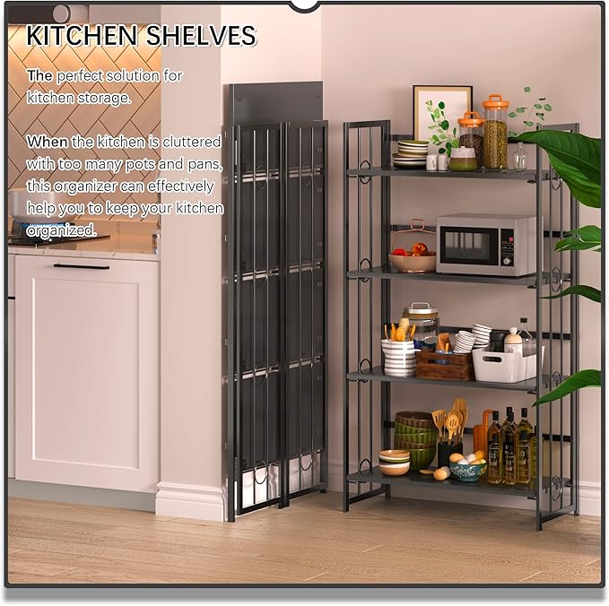 4NM No Assembly 4 Tiers Folding Bookshelf, 47.2" H Foldable Storage Shelves Vintage Bookcase Standing Racks Study Organizer Home Office - All Black-Ruum Studio Home