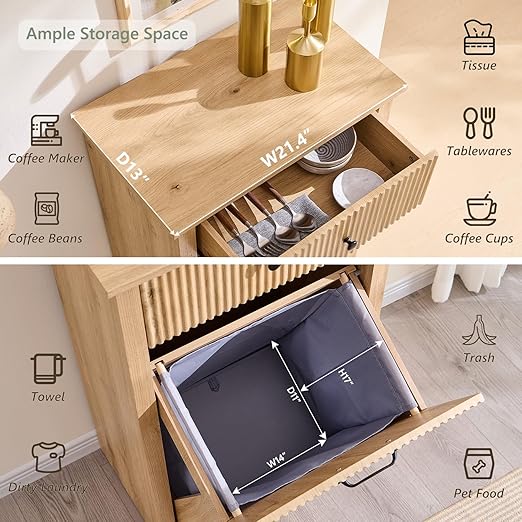 Modern Tilt-Out Trash Can Cabinet, 10 Gallon Fluted Laundry Hamper Cabinet with Drawers, Wooden Hidden Garbage Can Cabinet w/Storage Basket, Free Standing for Kitchen & Living Room,Natural Oak-Ruum Studio Home