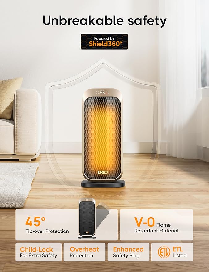 Dreo Space Heaters for Indoor Use, 1500W Portable Electric Heater with Remote and Thermostat, PTC Ceramic, Safety Heat with 70° Oscillation for Bedroom Office Home, Quiet, 12H Timer-Ruum Studio Home