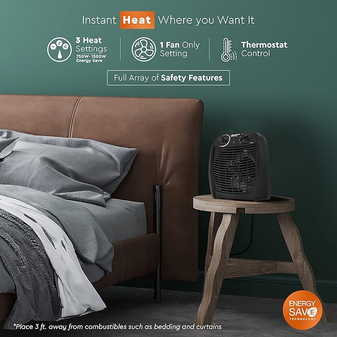 Comfort Zone Indoor Space Heater with Adjustable Thermostat, Fan Forced, Electric, Overheat Protection, Safety Tip-Over Switch, Energy Efficient, Ideal for Home, Bedroom, & Office, 1,500W, CZ45EBK-Ruum Studio Home