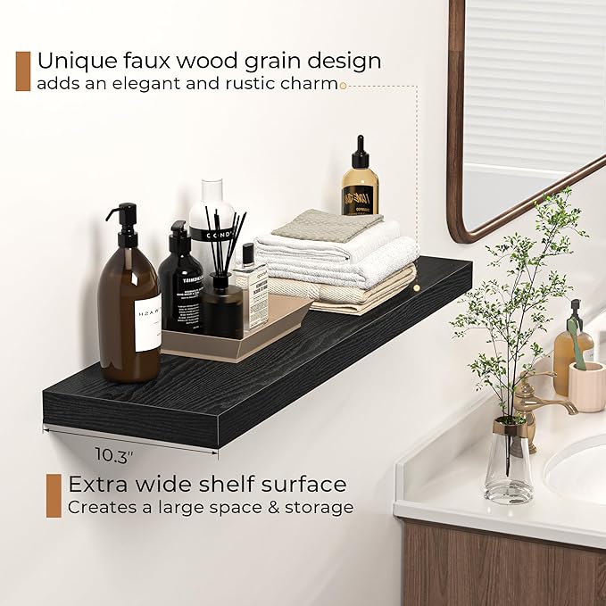 Floating Shelves - 10.3 Inch Deep Wall Shelf for Decor & Storage - Wall Mounted Display Shelving with Invisible Heavy-Duty Metal Bracket - 36" W x 10.3" D x 1.8" H - Set of 1 - Rustic Black-Ruum Studio Home