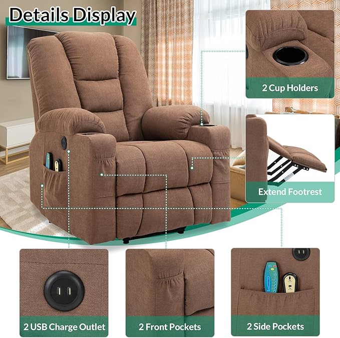 VIVIJASON Power Lift Chair Electric Recliner for Elderly Heated Vibration Massage Fabric Recliner Chair with 2 Remote Controls, Cup Holders, Side Pockets & USB Ports for Living Room (Coffee)-Ruum Studio Home