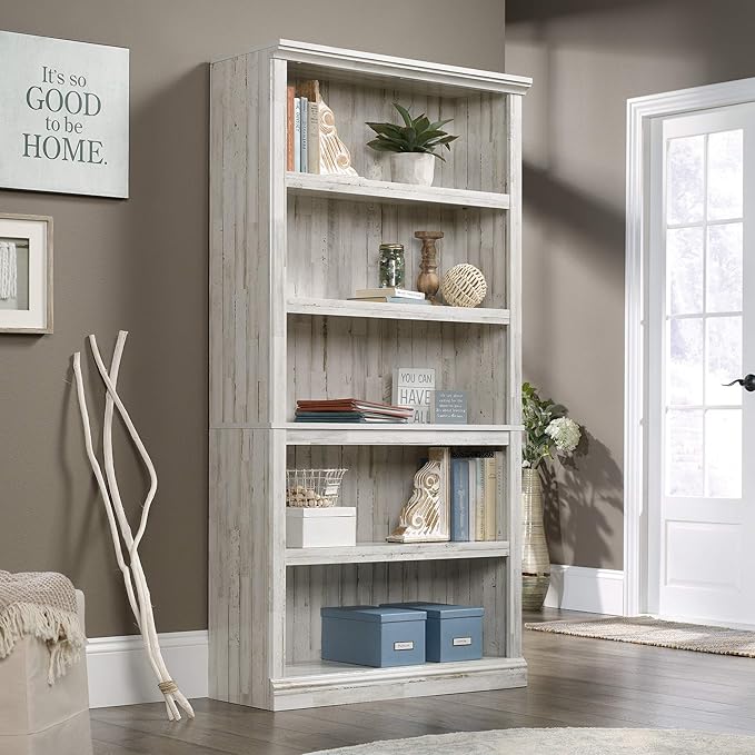 Sauder 5 Tier Book Shelf Wooden Bookcase Multipurpose Bookshelf for Home Office, Living Room, in White Plank-Ruum Studio Home