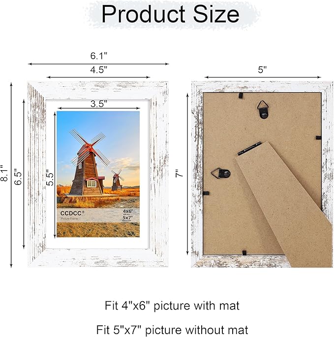 5x7 Picture Frame Set of 4, 5 x 7 Wood Photo Frames with Mat for 4x6, Rustic Natural Wooden Frame with Real Glass Cover for Wall and Tabletop Display,Distressed White-Ruum Studio Home