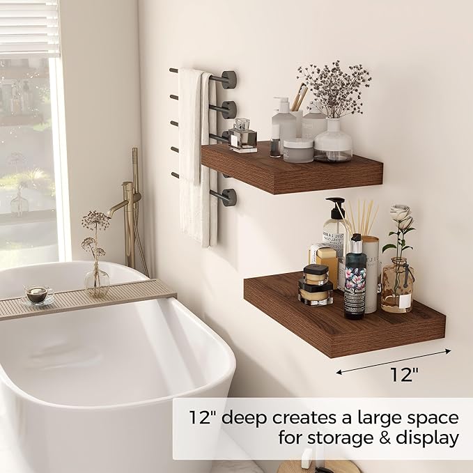 12 Inch Deep Floating Shelves, 16 x 12 Floating Shelf for Books, Rustic Wood Deep Wall Shelves for Home Storage & Display, 2" Thicked Shelves for Kitchen, Living Room, Bedroom, Walnut Color, 2 Pack-Ruum Studio Home