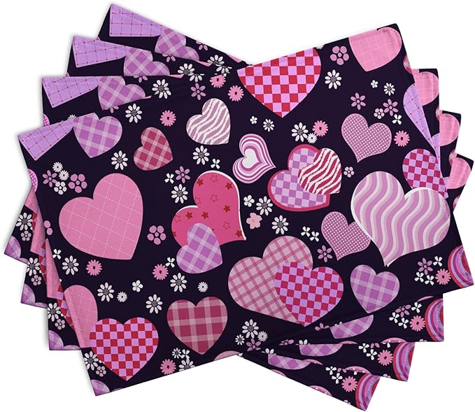 Pink Love Hearts Valentine's Day Placemats Set of 4 Seasonal Valentines Anniversary Wedding Linen Table Mats Pink Black Washable Place Mats for Party Kitchen Dining Outdoor Indoor Decor 12x18 Inch-Ruum Studio Home