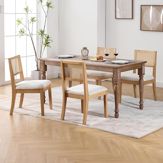 Westice Rattan Dining Chairs Set of 6, Farmhouse Natural Dining Room Chairs with Upholstered Cushion, Wood Armless Chairs for Kitchen/Restaurant-Ruum Studio Home