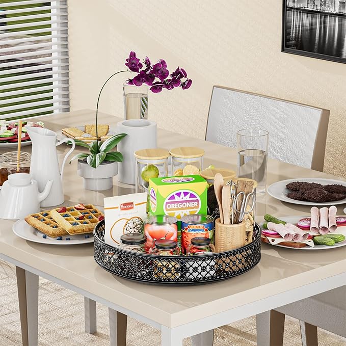 Ovicar Lazy Susan Turntable Organizer - 13 inch Rotating Spice Rack Metal Lazy Susan for Cabinet Pantry Kitchen Countertop Dining Table Cupboard Bathroom Vanity Refrigerator Black-Ruum Studio Home