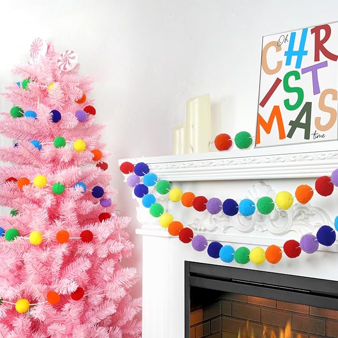 TBD Decor 2pk Rainbow Color Pom Pom Garland 13FT Colorful Large Felt Ball Garland for Mantle,Indoor Holiday Wedding Birthday Party Supplies-Ruum Studio Home