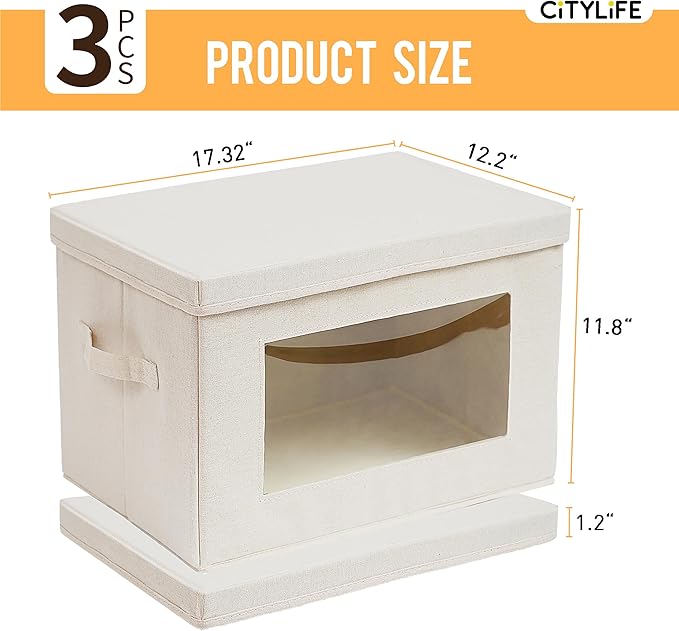 Citylife 3 Pack Storage Bins with Lids, Fabric Foldable Storage Bins with Soft Cord Handles, Canvas Storage Bin with Lid for Organizing Clothes, Blankets and Books, Beige-Ruum Studio Home