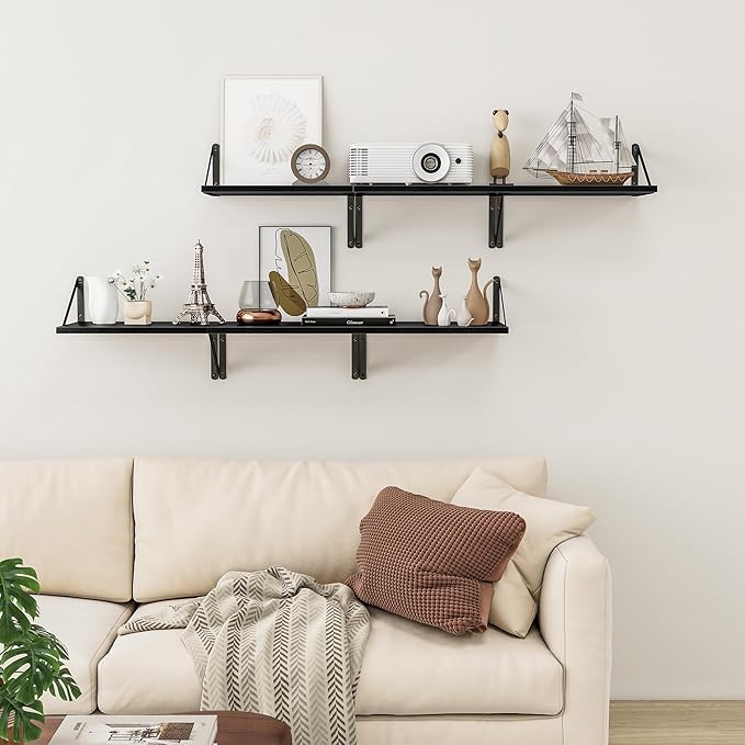 Heimlove Deep Floating Shelves for Wall, 12 Inch Deep Floating Shelves Set of 3, 16W x 12D Wood Wall Shelves, Wide Wood Shelves with Metal Bracket for Living Room, Kitchen, Office, Bedroom - Black-Ruum Studio Home
