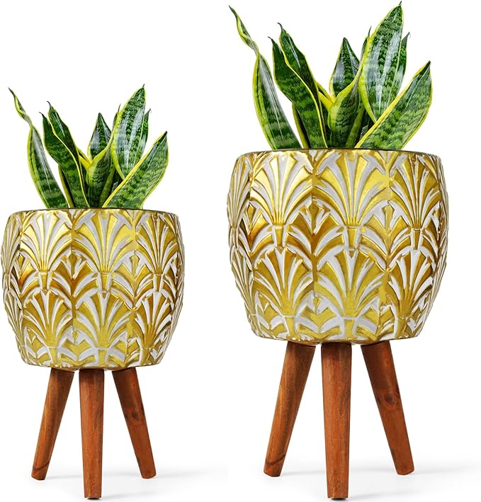 Harvest Land Plant Pots with Stand, Set of 2 Large Modern Planters Metal Tall Handmade Flower Pots with Drainage Holes Indoor Outdoor,Gold-Ruum Studio Home