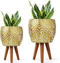 Harvest Land Plant Pots with Stand, Set of 2 Large Modern Planters Metal Tall Handmade Flower Pots with Drainage Holes Indoor Outdoor,Gold-Ruum Studio Home