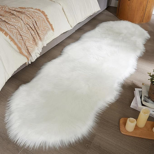 AMTOVO Faux Sheepskin Rug, White Ultra Soft Fluffy Shag Area Rug, 2 x 6 ft Faux Fur Rug for Bedroom Sofa Throw Cushion Room Decor, Sheepskin-Ruum Studio Home
