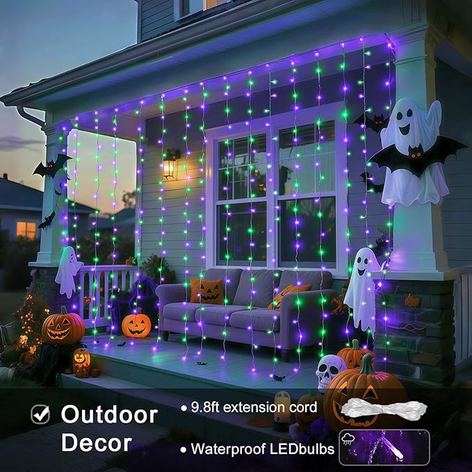 JMEXSUSS 300LED Halloween Curtain Lights with Remote, 9.8x9.8ft Halloween Lights Plug in, Christmas Twinkle Hanging String Light for Bedroom Wall Window Backdrop Indoor Outdoor Decor, Purple and Green-Ruum Studio Home