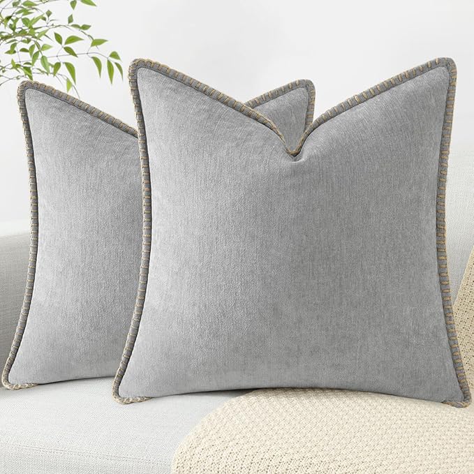 decorUhome Chenille Soft Throw Pillow Covers 24x24 Set of 2, Farmhouse Velvet Neutral Decorative Euro Pillow Covers with Stitched Edge for Couch Sofa Bed Home Decor, Neutral Gray-Ruum Studio Home