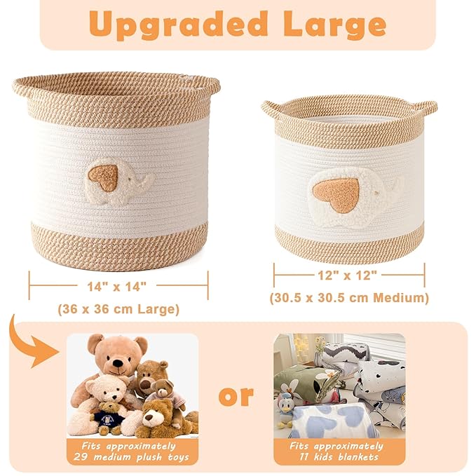 Large Blanket Baskets for Living Room Decor, Toy Storage Baskets Woven Cotton Rope Storage Basket for Kids, Dog Toys Organizer Clothes Hamper with Embroidery Decor for NurseryLaundry (Large, Elephant)-Ruum Studio Home