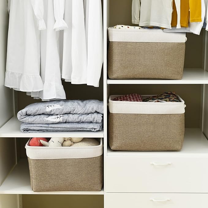 TheWarmHome Organization and Storage Basket for Gifts Empty - 16x12x12 inch Cube Storage bin 3 Pack Fabric Storage Cubes, Collapsible Baskets for Organizer Closet Cloth Gift Toy (White & Khaki)-Ruum Studio Home