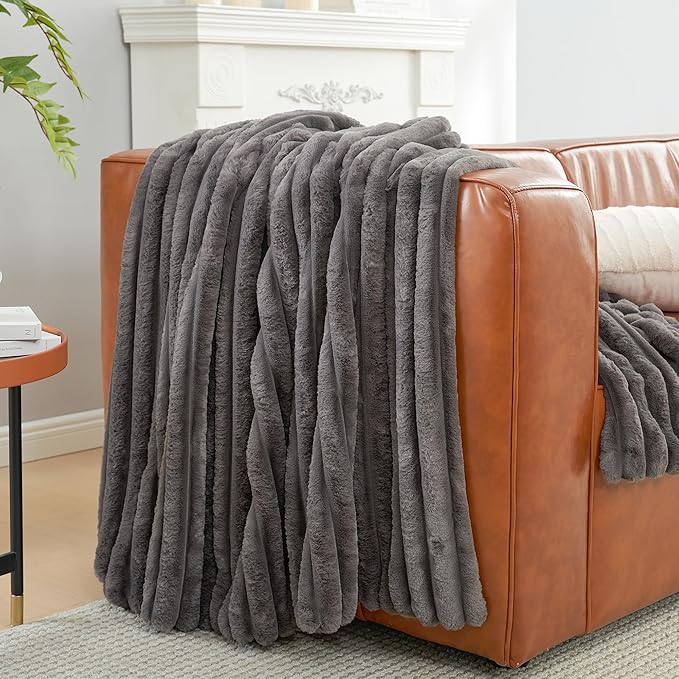 Amélie Home Faux Fur Throw Blanket for Couch, Cozy Fuzzy Fluffy Fur Luxurious Soft Striped Plush Gift Blankets for Family Sofa Chair Bed Living Room Bedroom, 55"x70", Charcoal Grey-Ruum Studio Home