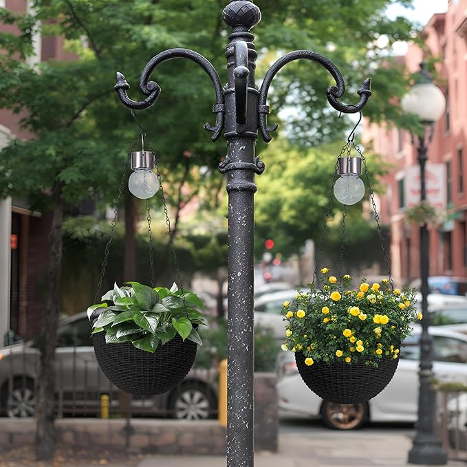 Hanging Baskets for Plants Outdoor - 2 Pack Black Plastic Solar Flower Pots with Drainage Holes & Removable Saucer, Self-Watering Hanging Planters for Garden, Porch, Balcony, Patio-Ruum Studio Home