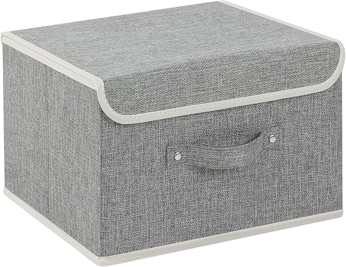 Storage Boxes, Collapsible Storage Bins with Lids, Cotton and linen cloth Storage Baskets with Handle, for Books, Closet, Bedroom, Home, 13x9.1x7.9 in, Grey-Ruum Studio Home